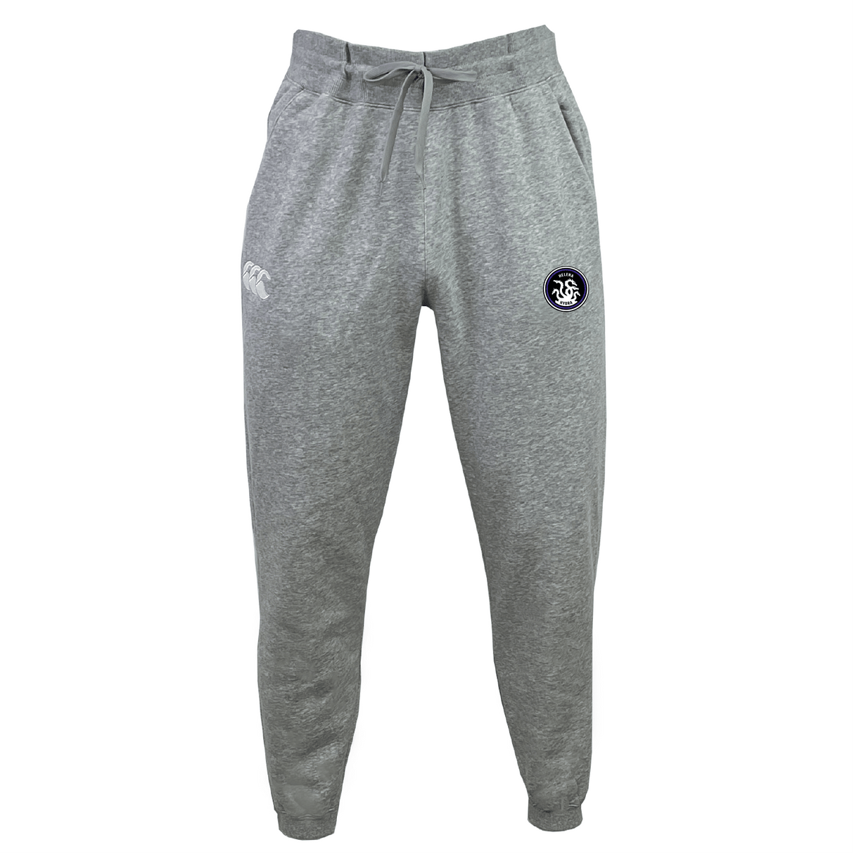 Gray sustainable Helena Youth Rugby Leisure Sweatpants by EMB Canterbury feature a drawstring waistband, white logo on the left hip, and a circular emblem on the right thigh.