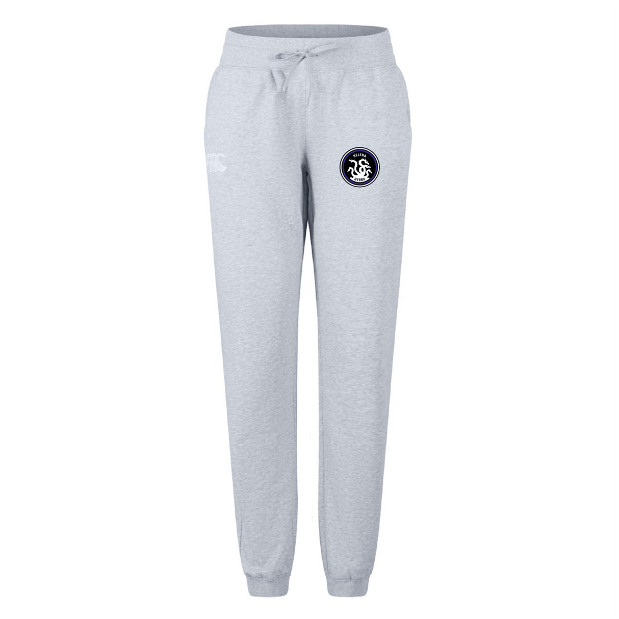 The Helena Youth Rugby Women's Leisure Sweatpant by EMB Canterbury features a drawstring waist and small logo on the left leg, crafted from organic cotton for ultimate comfort.