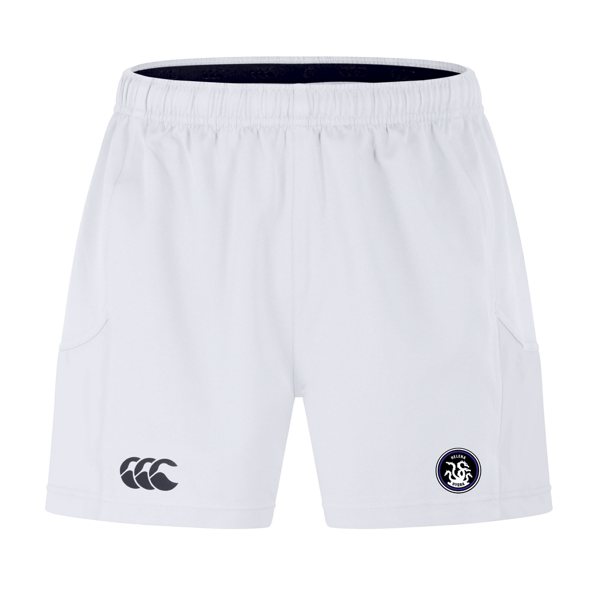 The Helena Youth Rugby Advantage Short 2.0 by EMB Canterbury boasts a sleek design with white sports fabric, embroidered logos on each leg, an elastic waistband, and side pockets. These shorts deliver performance-driven comfort while emphasizing sustainability with high-quality materials.