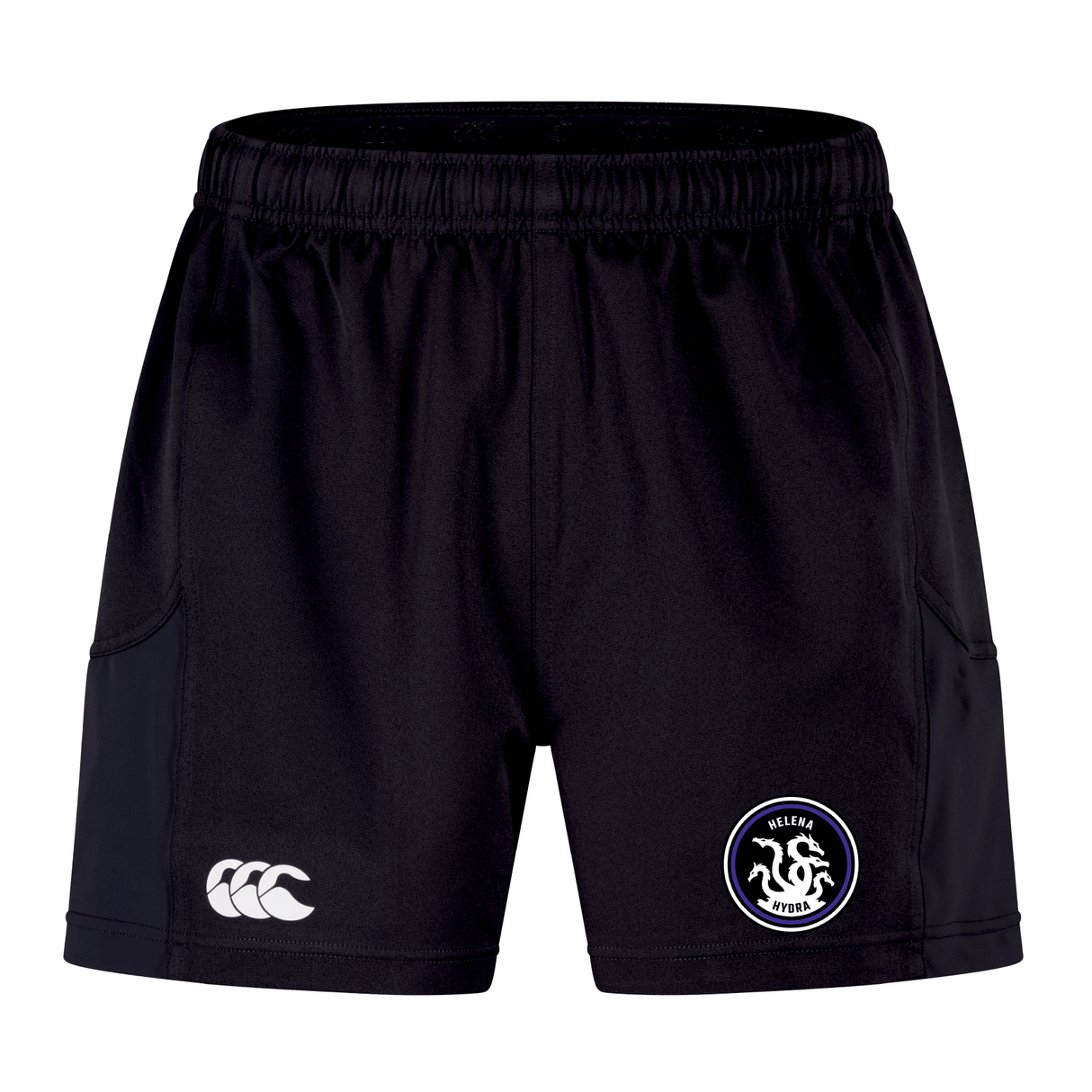 Experience optimal performance with the EMB Canterbury Helena Youth Rugby Women's Advantage Short 2.0. These black athletic shorts showcase a white logo on one leg and a circular emblem on the other, all thoughtfully crafted for sustainability.