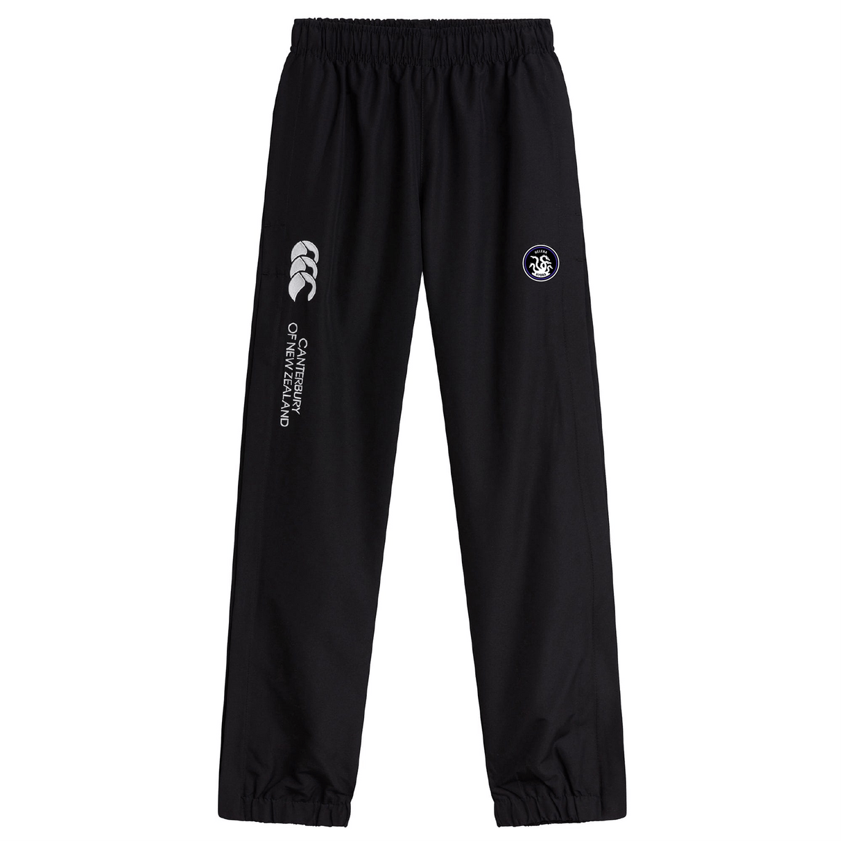 The Helena Youth Rugby Cuffed Hem Stadium Pant by EMB Canterbury features an elastic waistband and cuffs, adorned with the Canterbury of New Zealand logo and a circular emblem on the right leg. These black track pants are perfect for rugby enthusiasts, offering quick-drying comfort and style.