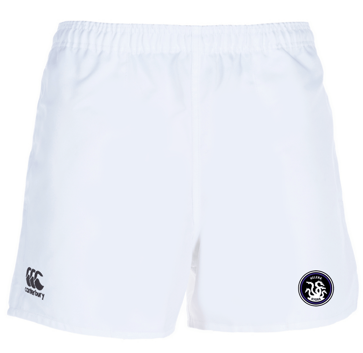 The Helena Youth Rugby Advantage Shorts by EMB Canterbury feature a white design with an elastic waistband and black circular logo on the front right. Crafted from moisture-wicking fabric, these shorts provide comfort and style both on and off the field.