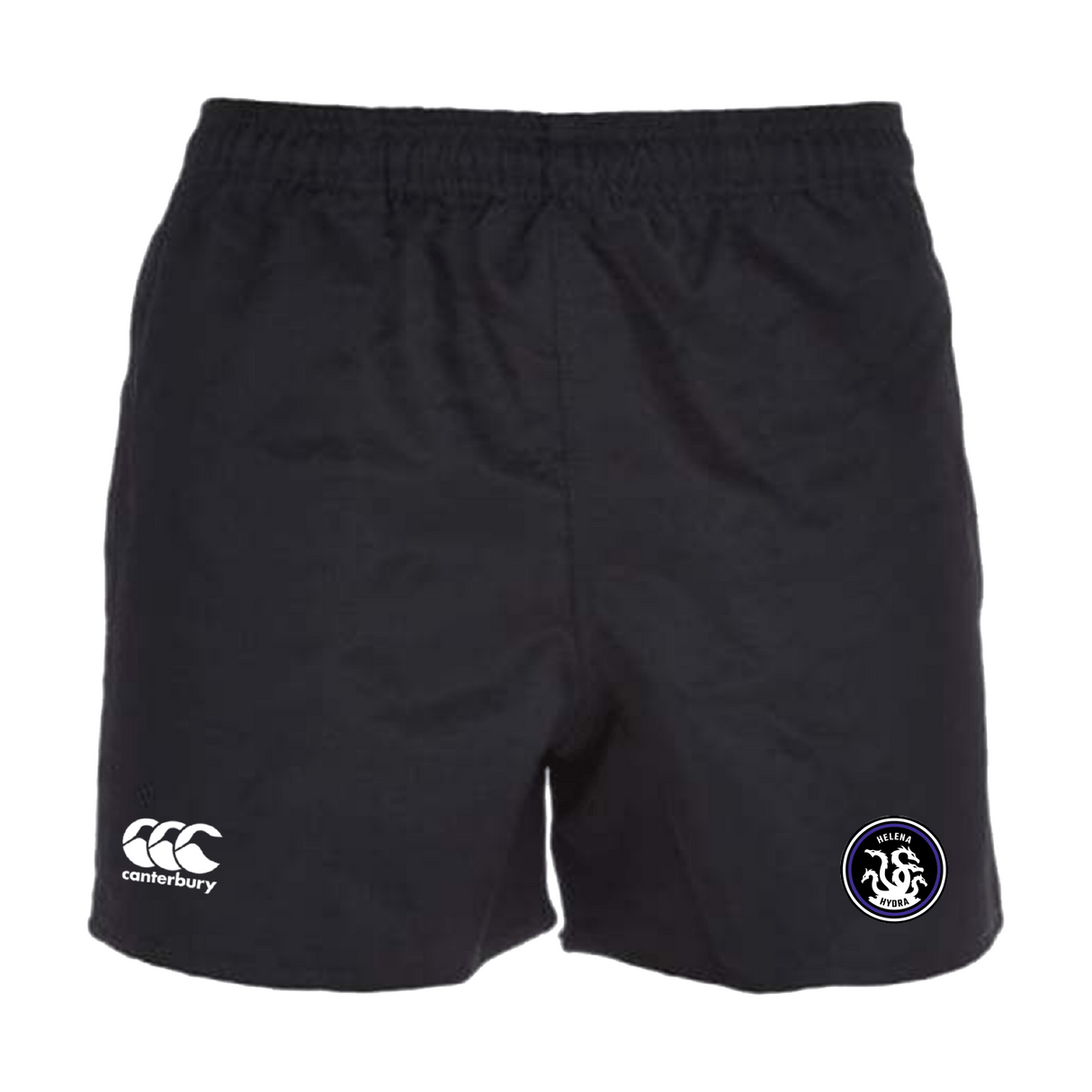 The Helena Youth Rugby Professional Polyester Shorts by EMB Canterbury feature an elastic waistband, iconic logo on the left, and a lion badge on the right. Perfect for rugby enthusiasts seeking comfort and style.