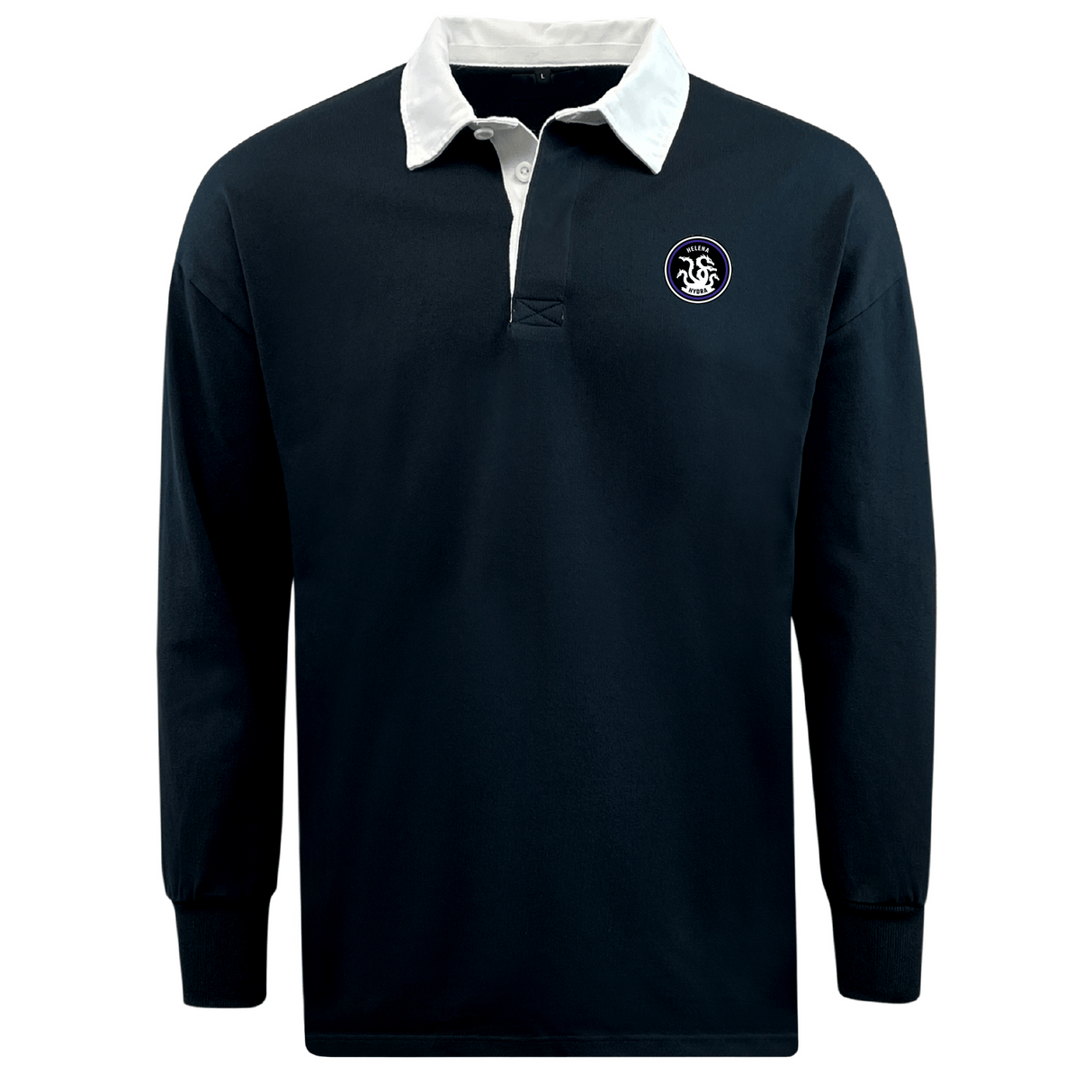 The Helena Youth Rugby Classic Long Sleeve Solid Rugby Jersey by EMB Mudoo features a navy blue design with a white collar and button placket. Made from a cotton/poly blend, it includes a small embroidered logo on the left chest for fan comfort.