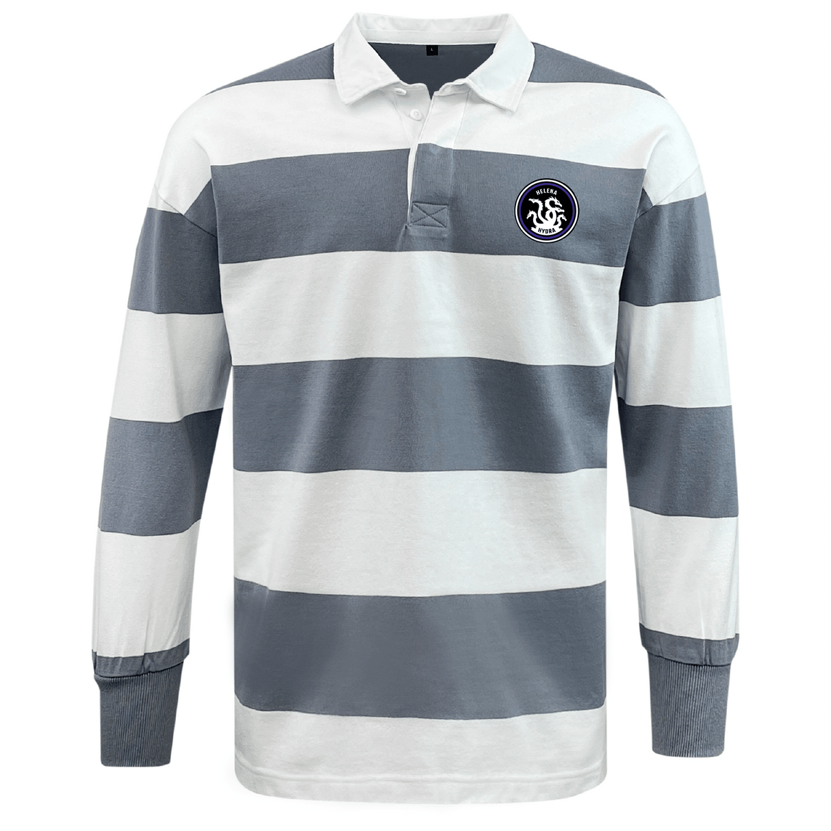 The Helena Youth Rugby Classic Long Sleeve Hooped Jersey by EMB Mudoo features a throwback style with horizontal gray and white stripes and a small chest logo, offering comfort and durability.