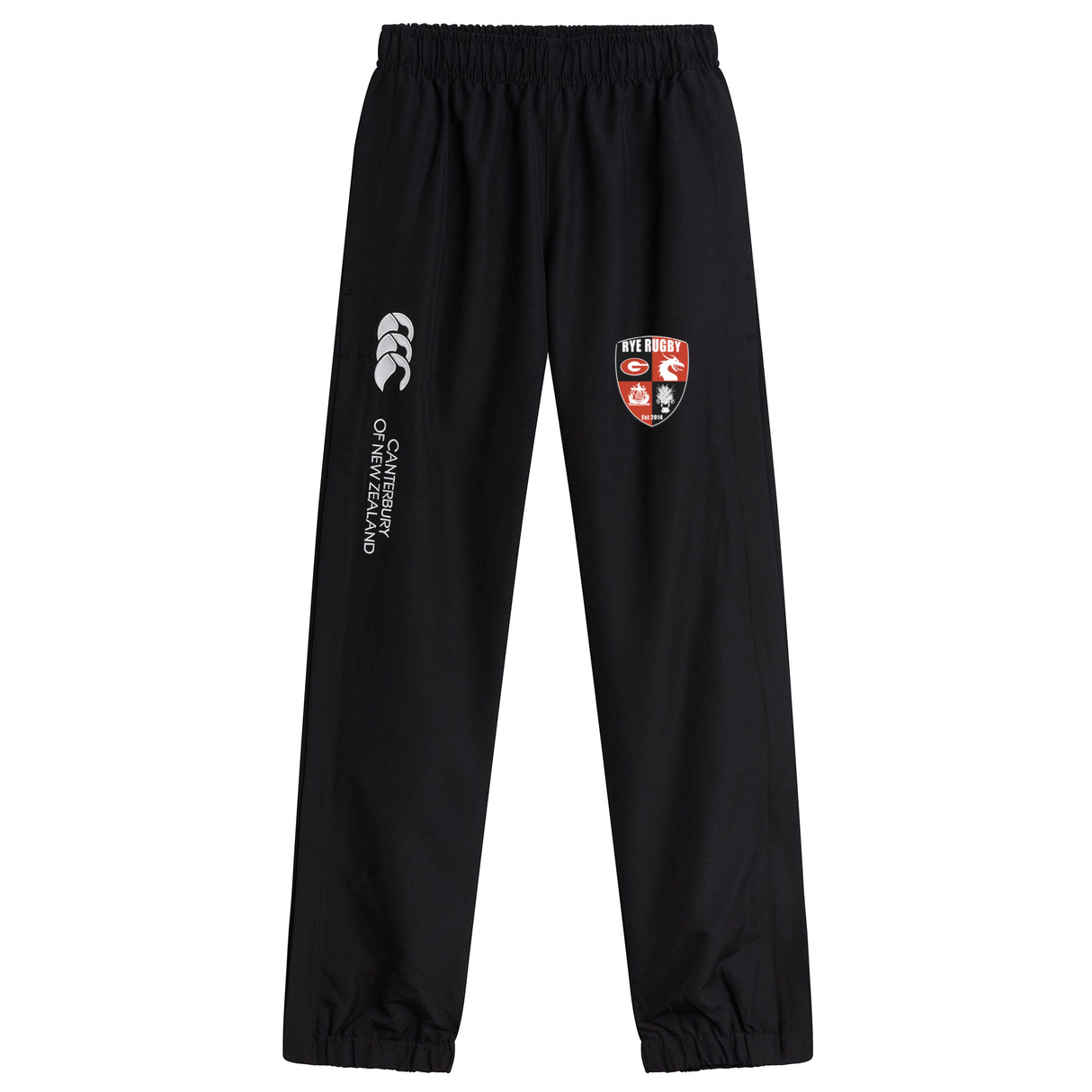 Black Rye High School Rugby Cuffed Hem Stadium Pant by EMB Canterbury, featuring Canterbury logo prints on the upper left thigh.