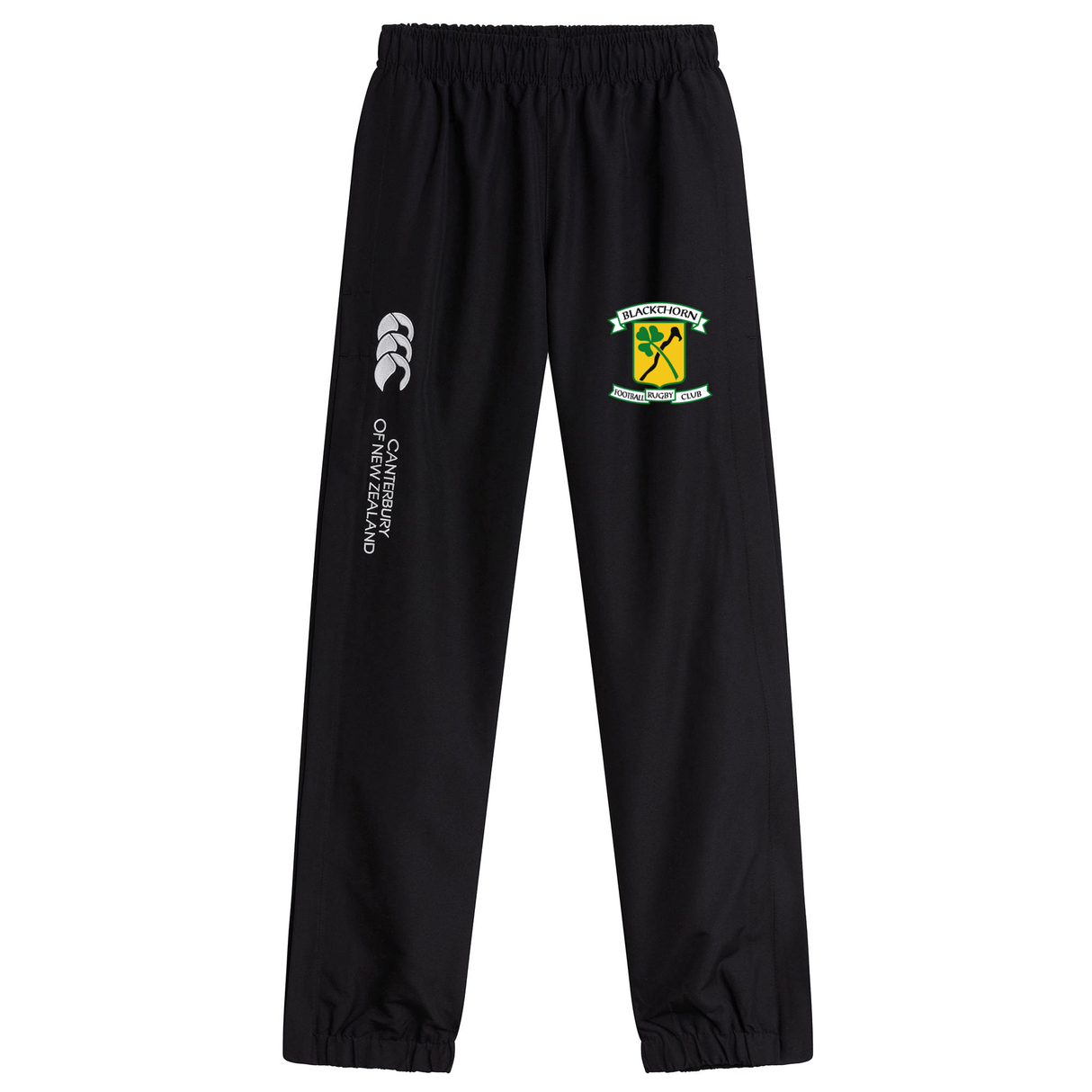 Black Blackthorn RFC Cuffed Hem Stadium Pant by EMB Canterbury, featuring a logo on the upper left thigh and text down the left leg.
