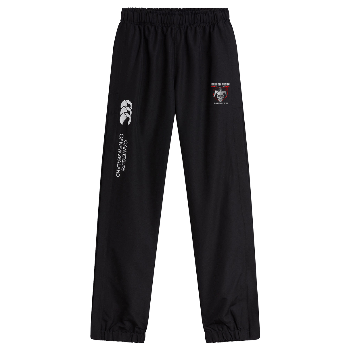 Onslow Rugby Misfits Cuffed Hem Stadium Pant by EMB Canterbury featuring logos including a bear and text graphics on the upper left leg, with cuffed hem and waistband.