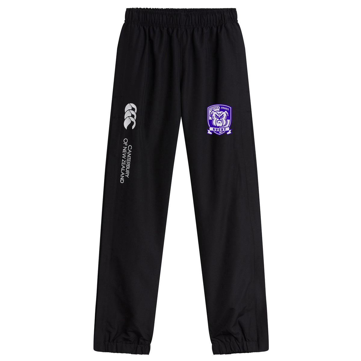 Winona State University Cuffed Hem Stadium Pant by EMB Canterbury with an adjustable fit, featuring an elastic waist and ankles. The left leg displays a white "Canterbury of New Zealand" logo, while the right leg showcases a purple shield emblem with a lion, perfect for wearing on the rugby pitch.