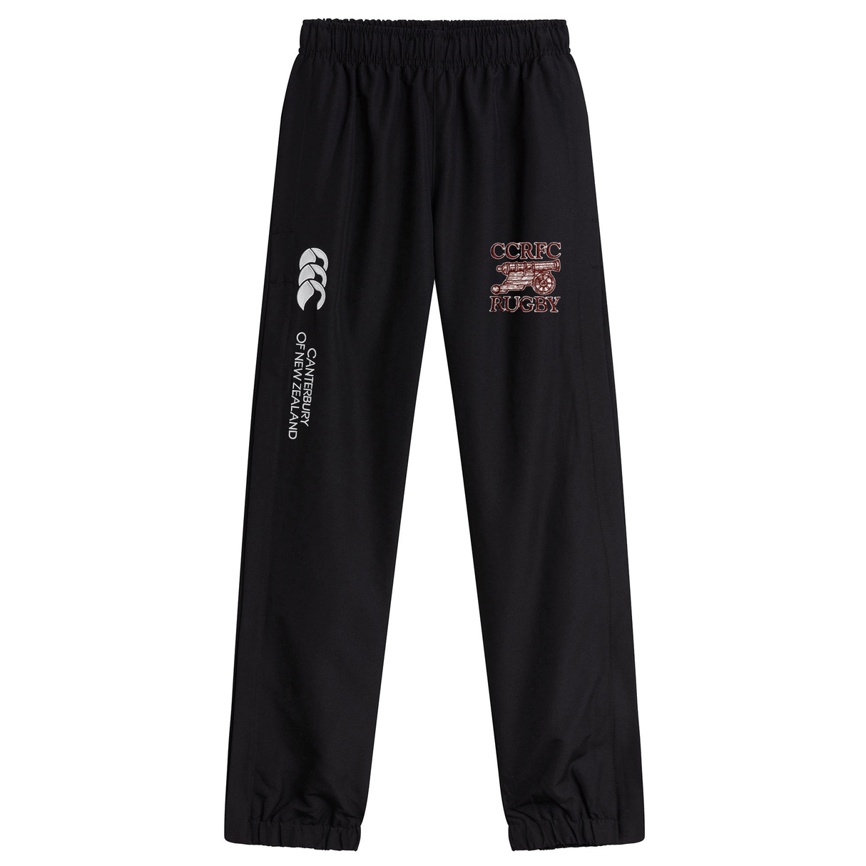 Black sweatpants with cuffed hem featuring logos of 'Concord Carlisle Rugby' and 'EMB Canterbury' on the left leg.