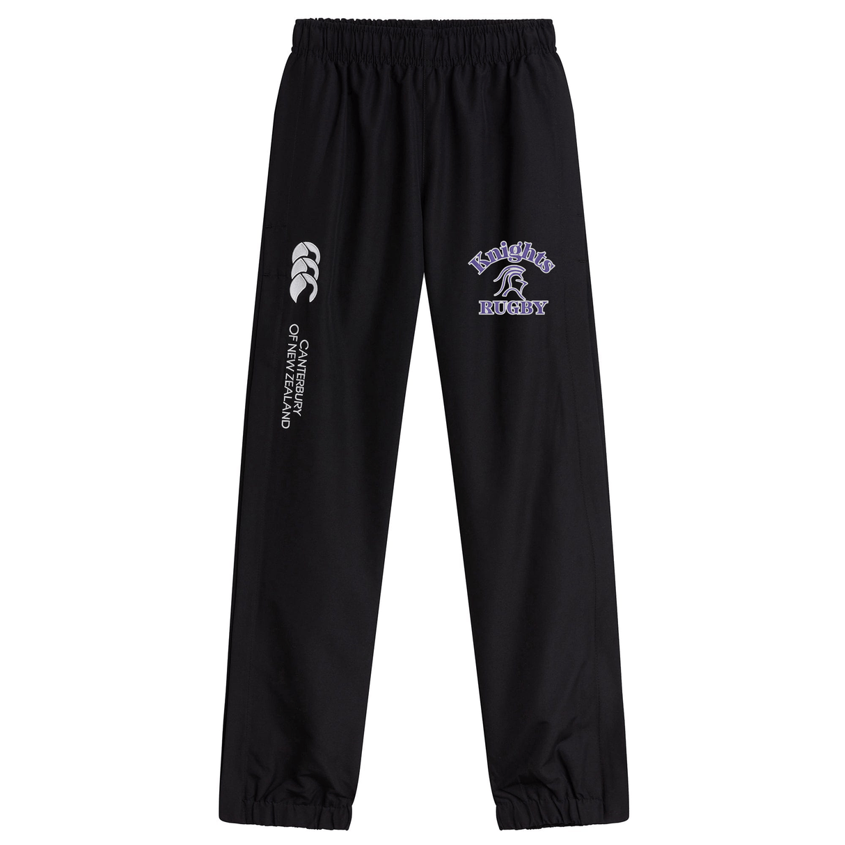 Black athletic pants with an elastic waistband and cuffs, featuring the "EMB Canterbury" logo on the left and "Knights Rugby" logo on the right. These Ardrey Kell Rugby Cuffed Hem Stadium Pant by Canterbury men’s rugby pants are quick-drying, ideal for intense training sessions.
