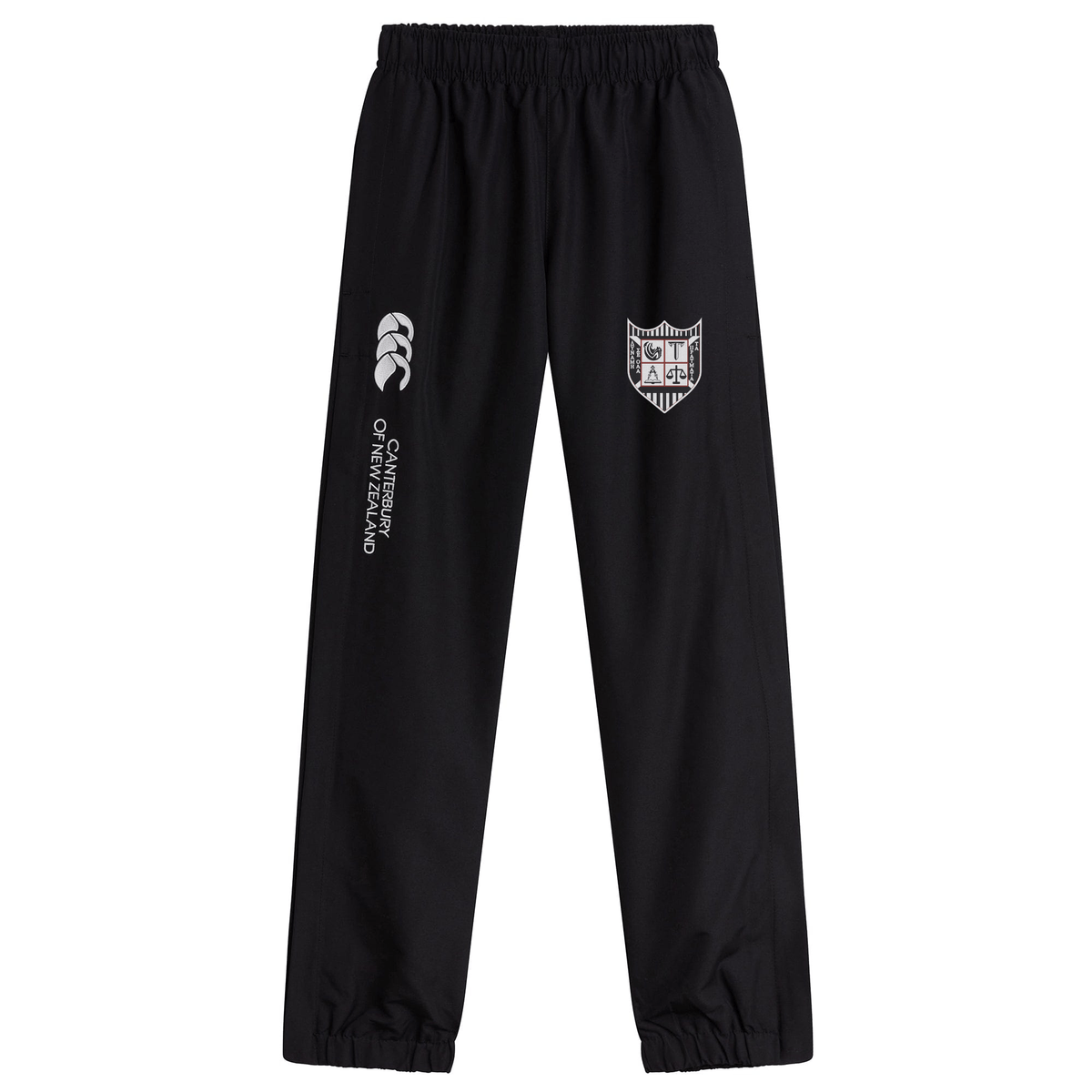 Black sweatpants with a EMB Canterbury logo and "champions" text on the upper left leg, and a white handprint logo on the right leg.