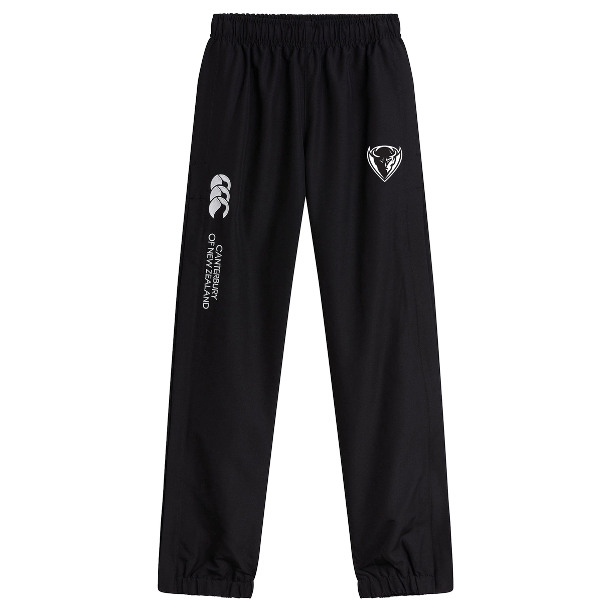 Black EMB Canterbury stadium pants with cuffed hems, featuring a white DePaul University logo on the upper left leg and white text down the right leg.