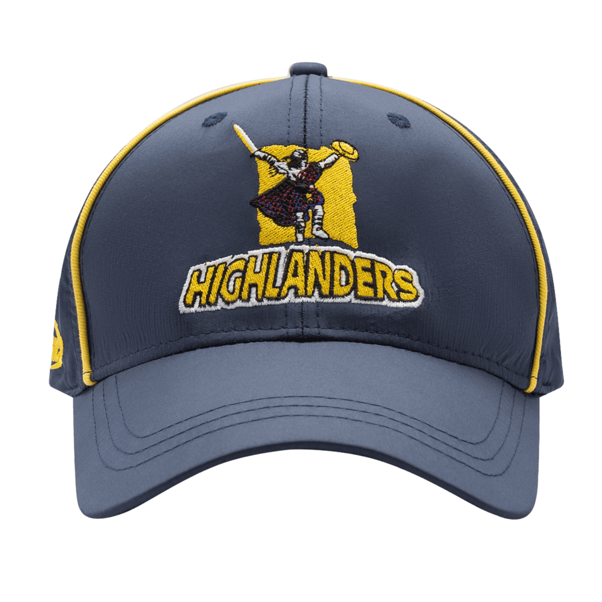 The Highlanders Super Rugby Media Cap 25/26 by Classic Sportswear showcases a stylish gray design with yellow trim. It features a logo of a man in Scottish attire holding a bat, "Highlanders" embroidered in yellow and white, and an adjustable Velcro closure for the perfect fit.