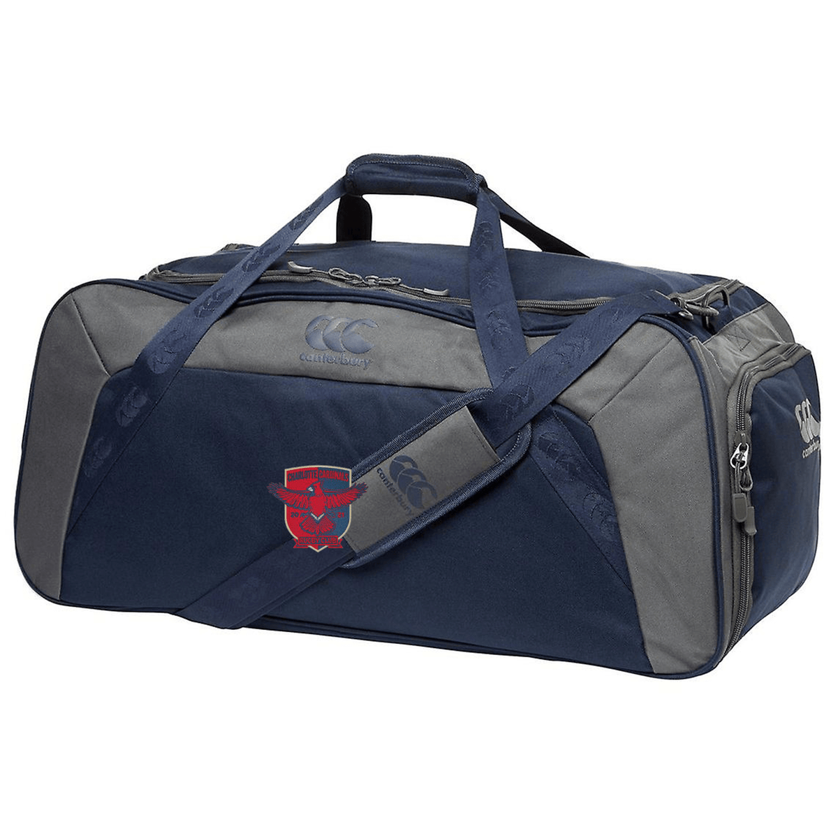 Navy blue Charlotte Cardinals Rugby Club Holdall duffle bag with multiple compartments, brand logos, and an adjustable shoulder strap by EMB Canterbury.