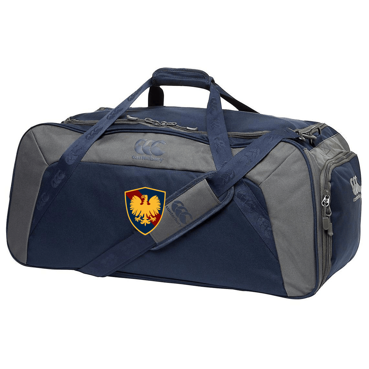 Navy blue sports duffel bag with adjustable shoulder strap, Cincinnati Classical Academy Holdall Duffle Bag by EMB Canterbury logo, and a lion insignia on the side.