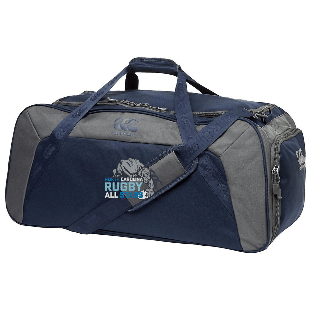 Navy blue NC All Stars Holdall Duffle Bag by EMB Canterbury with logos for "North Carolina Rugby All-Stars" and "CCC" on the side, featuring multiple compartments and a water repellent shoulder strap.
