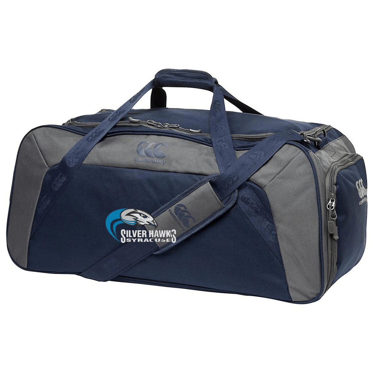A blue and gray Syracuse Silver Hawks Holdall Duffle Bag by EMB Canterbury with dual handles, a water-repellent finish, zippers, an adjustable padded shoulder strap, and a "Silver Hawks Syracuse" logo on the side.