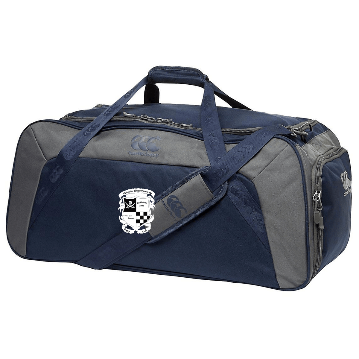 Rugby Football Club at Christopher Newport University Holdall Duffle Bag by EMB Canterbury with water repellent coating, side pockets, and an adjustable shoulder strap, placed against a plain background.
