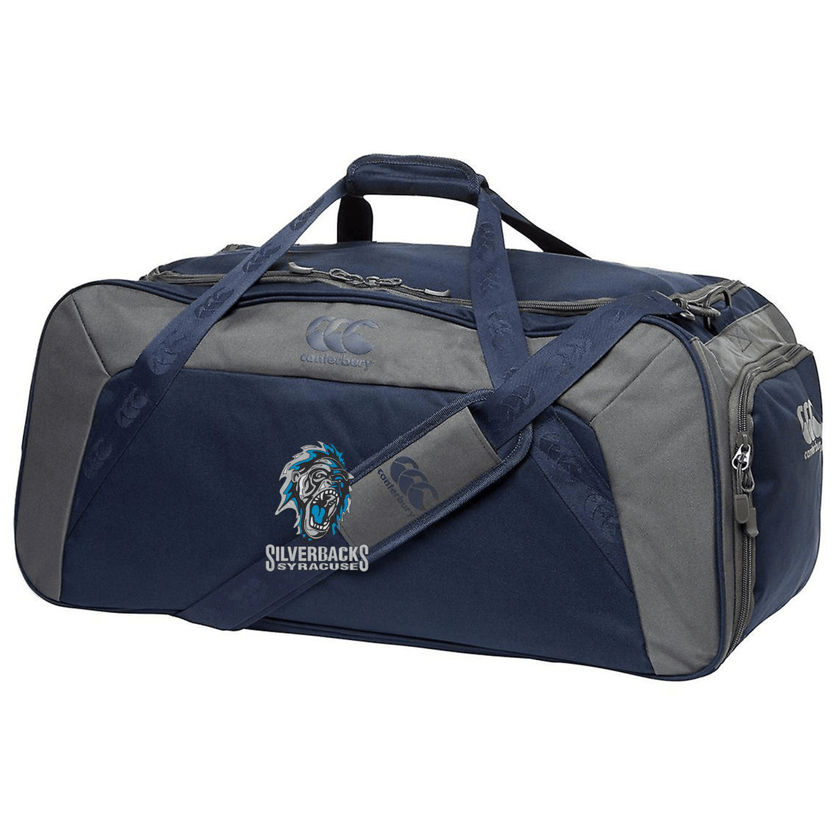 A navy blue and gray duffel bag with "SILVERBACKS" text and a roaring lion logo on the side, featuring multiple compartments and an adjustable shoulder strap. The bag is also water repellent, making it perfect for any adventure.
Product: Syracuse Silverbacks Holdall Duffle Bag by Canterbury from EMB Canterbury