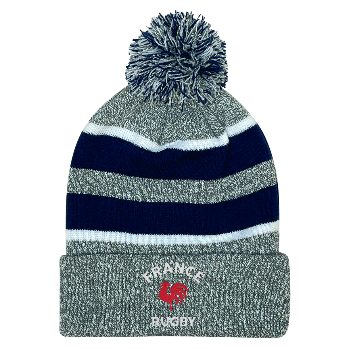 Show your support with the EMB Augusta Nations of Rugby France Hooped Pom-Pom Beanie, featuring gray and navy stripes, a pom-pom top, "France Rugby" text, and the red rooster emblem—perfect for any Les Bleus rugby fan’s hat collection.