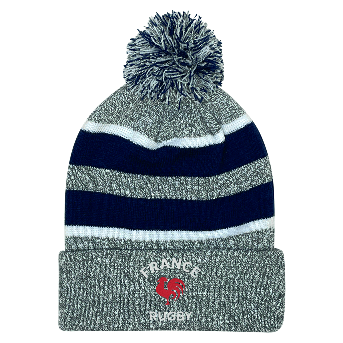 Show your support with the EMB Augusta Nations of Rugby France Hooped Pom-Pom Beanie, featuring gray and navy stripes, a pom-pom top, "France Rugby" text, and the red rooster emblem—perfect for any Les Bleus rugby fan’s hat collection.