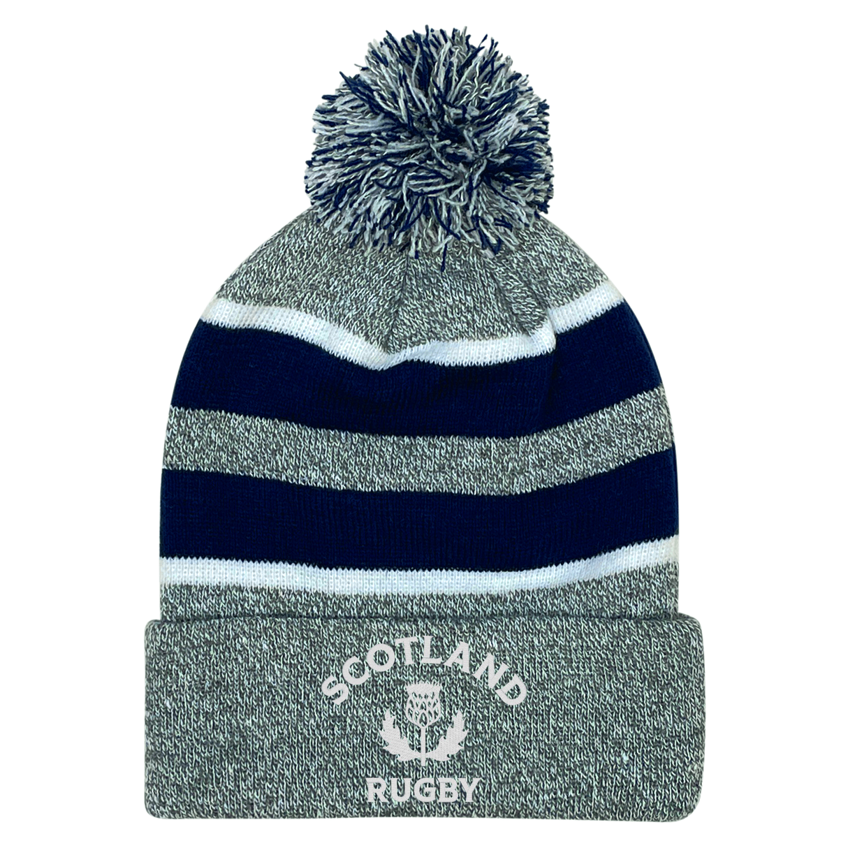 The EMB Augusta Nations of Rugby Scotland Hooped Pom-Pom Beanie features blue and white stripes, a top pom-pom, and an embroidered Scotland Rugby thistle logo on the front cuff.