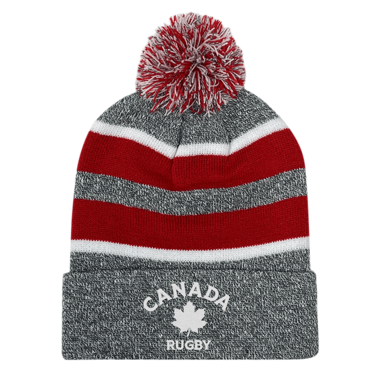 The EMB Augusta Nations of Rugby Canada Hooped Pom-Pom Beanie features gray, red, and white hoops, a front maple leaf logo with "Canada Rugby," making it perfect for any Canadian rugby fan.