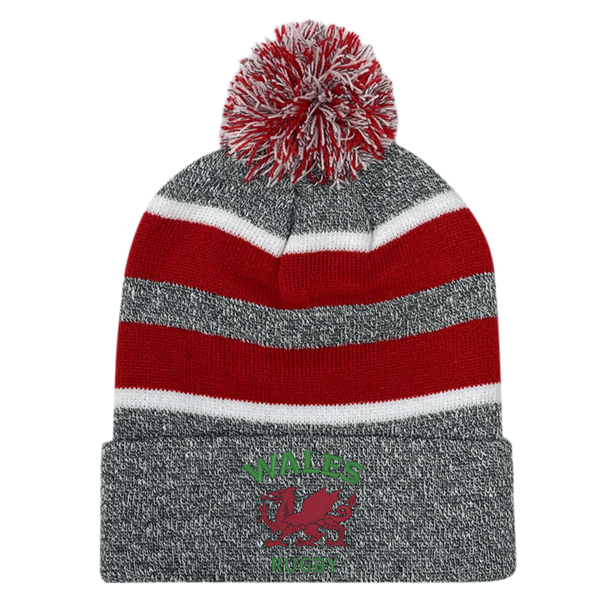 The EMB Augusta Nations of Rugby Wales Hooped Knit Fold Over Pom-Pom Beanie features gray and red stripes, a red and white pom-pom, "Wales Rugby" text, and an embroidered red dragon on the front cuff.
