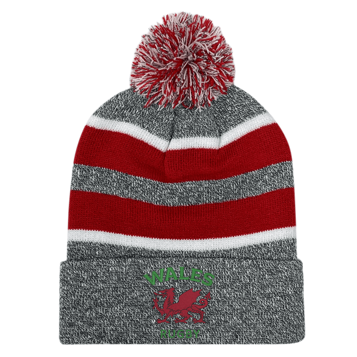 The EMB Augusta Nations of Rugby Wales Hooped Knit Fold Over Pom-Pom Beanie features gray and red stripes, a red and white pom-pom, "Wales Rugby" text, and an embroidered red dragon on the front cuff.