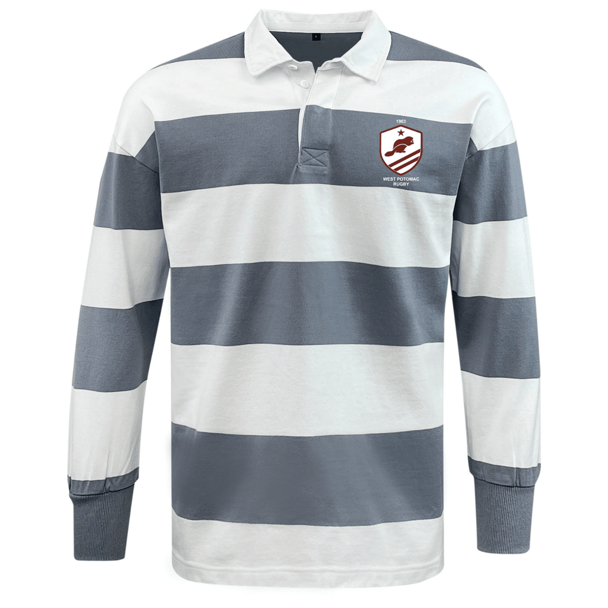 The EMB Mudoo West Potomac RFC Classic Long Sleeve Hooped Rugby Jersey features wide grey and white stripes, a left chest crest logo, and long sleeves for timeless style.