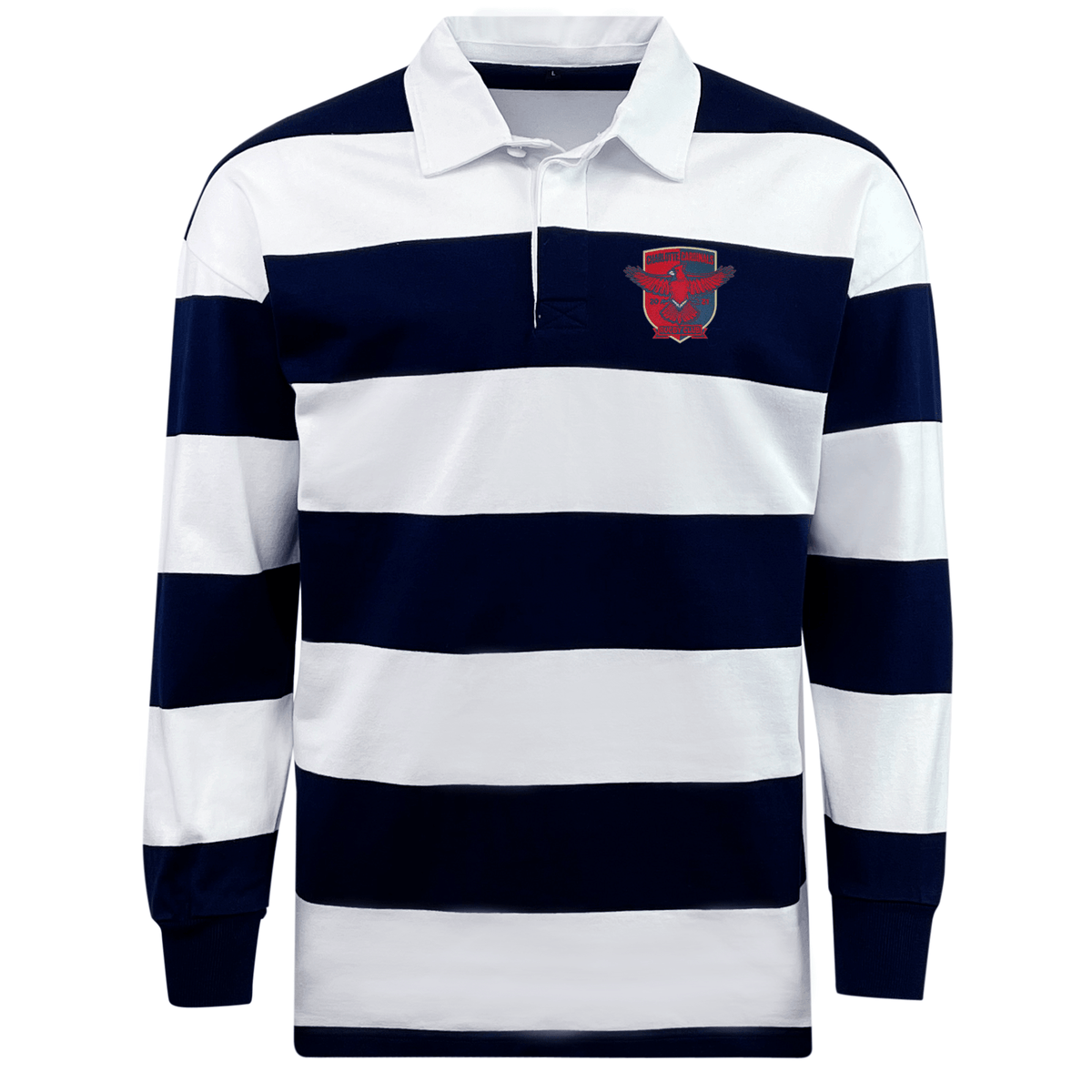 The Charlotte Cardinals Rugby Club Classic Long Sleeve Hooped Rugby Jersey by EMB Mudoo features broad horizontal navy blue and white stripes, accompanied by an emblem on the upper left chest. This piece of leisurewear offers a comfortable silhouette ideal for both active and casual occasions.