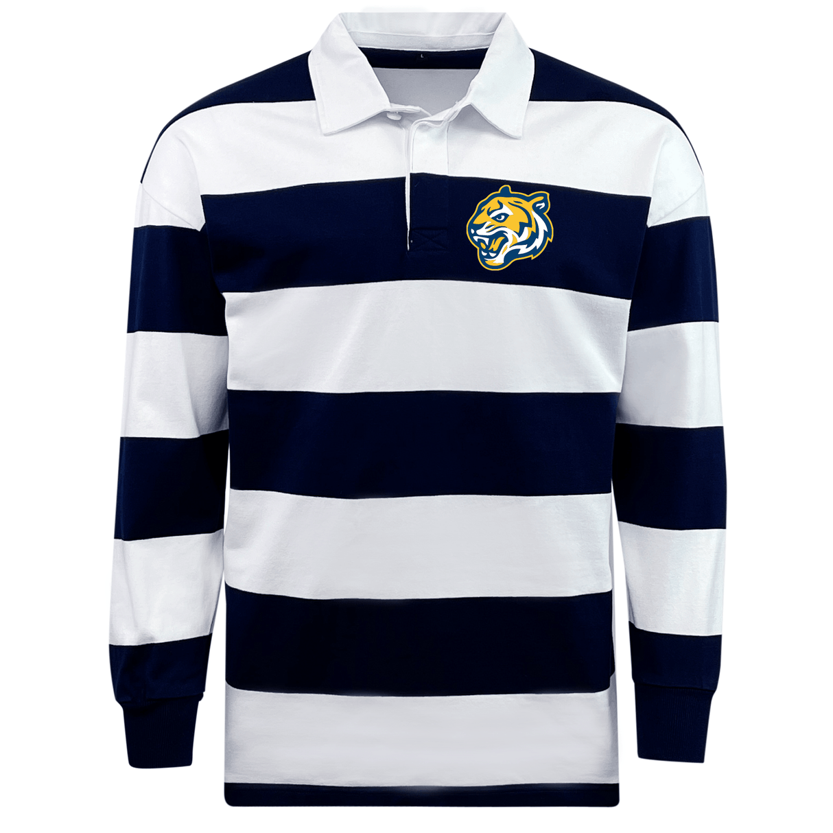 The Noble Street College Prep Classic Long Sleeve Hooped Rugby Jersey by EMB Mudoo is a cotton/poly blend shirt featuring wide navy blue and white horizontal stripes with a throwback aesthetic, completed by a tiger head logo on the left chest.