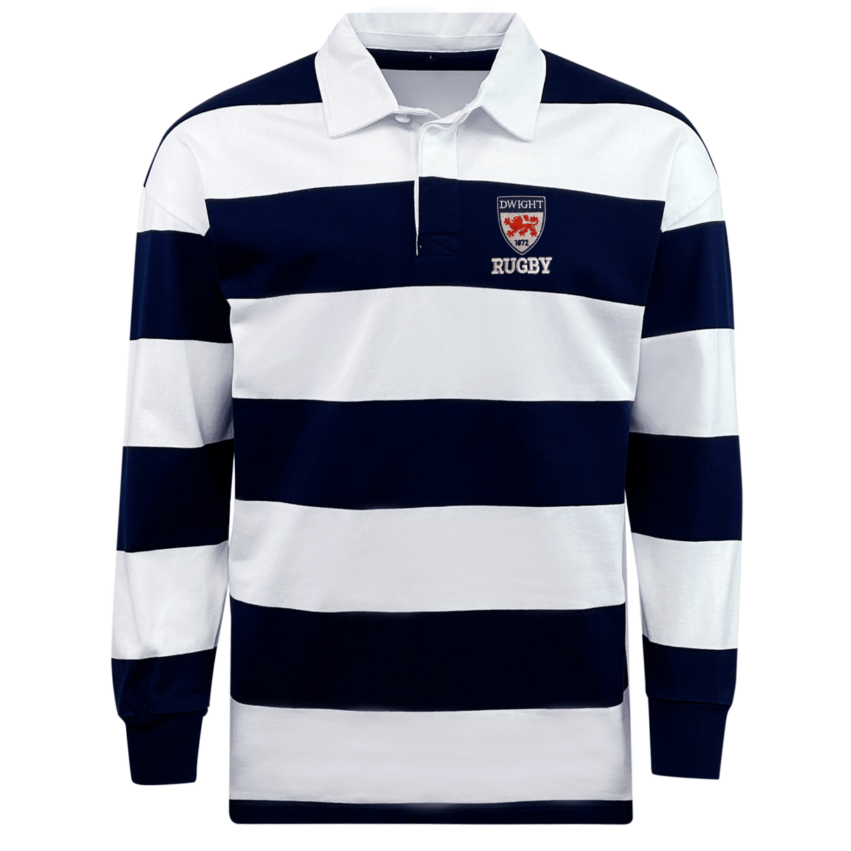The Dwight Rugby Classic Long Sleeve Hooped Rugby Jersey from EMB Mudoo features broad navy blue and white horizontal stripes, a white collar, and a chest logo reading "Rugby," making it perfect for stylish leisurewear.
