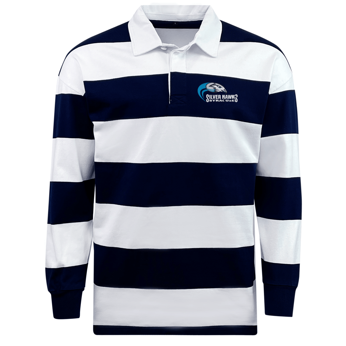 The Syracuse Silver Hawks Classic Long Sleeve Hooped Rugby Jersey by EMB Mudoo features wide horizontal navy and white stripes and a Silver Hawks SVA Rugby logo on the left chest. Made from a comfortable Cotton/Poly blend, this jersey offers a relaxed fit perfect for any casual outing.