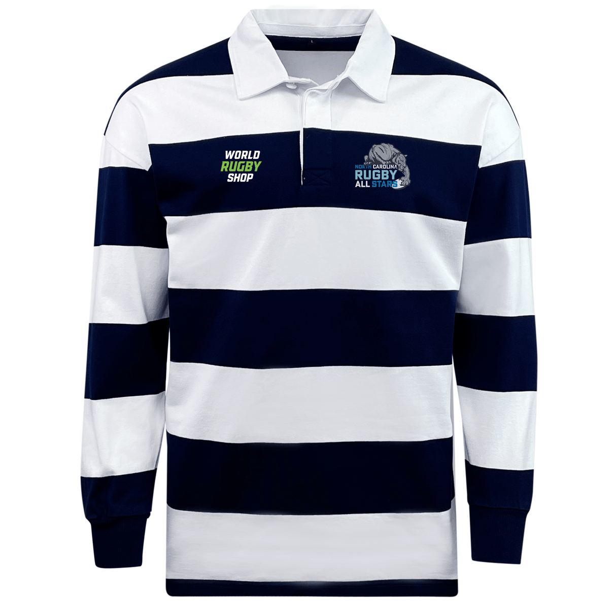 The NC All Stars Classic Long Sleeve Hooped Rugby Jersey by EMB Mudoo, displaying wide horizontal navy blue and white stripes, with a "World Rugby Shop" logo on the left chest and a "Rugby All Stars" logo on the right chest, exudes a throwback aesthetic.