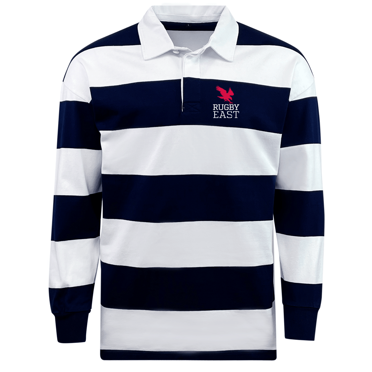 The EMB Mudoo Rugby East Conference Classic Long Sleeve Hooped Rugby Jersey features alternating navy blue and white horizontal stripes. A small red "Rugby East" logo adorns the left chest, making it perfect for those who appreciate a throwback aesthetic in their leisurewear.