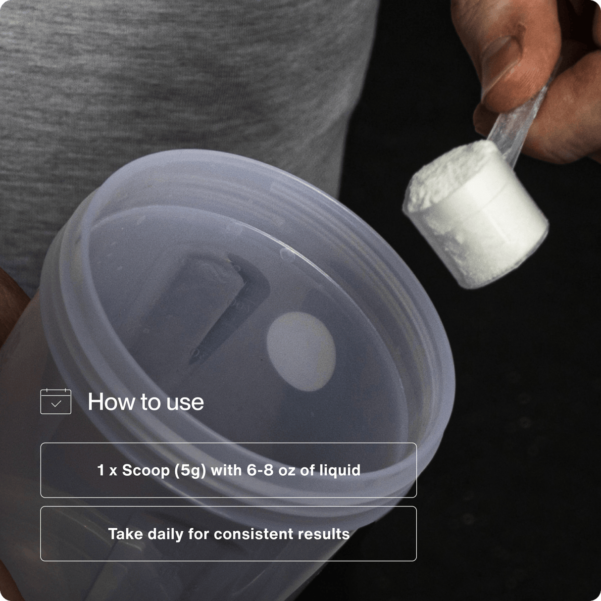 A hand holds a scoop of Momentous Creatine by Momentous above an open shaker cup, with instructions: "Mix 1 scoop (5g) with 6-8 oz liquid. Take daily to support muscle growth and performance.