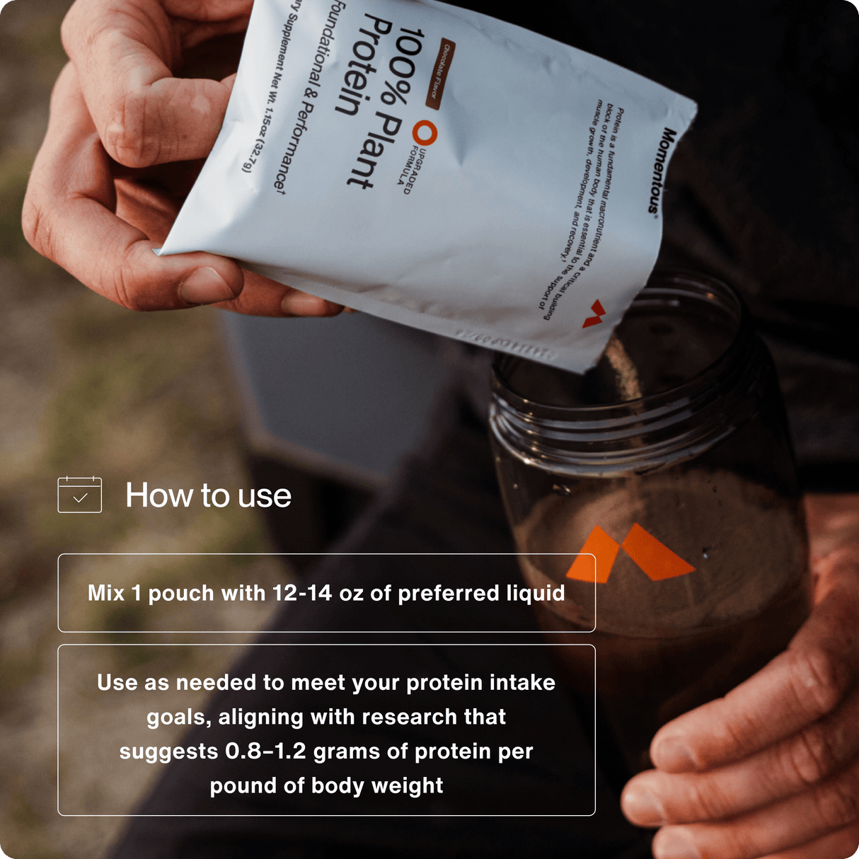 Someone pours Momentous 100% Plant Protein from a 10-Travel Pack into a shaker bottle. Text on the image shows mixing instructions and recommended protein intake for muscle recovery.