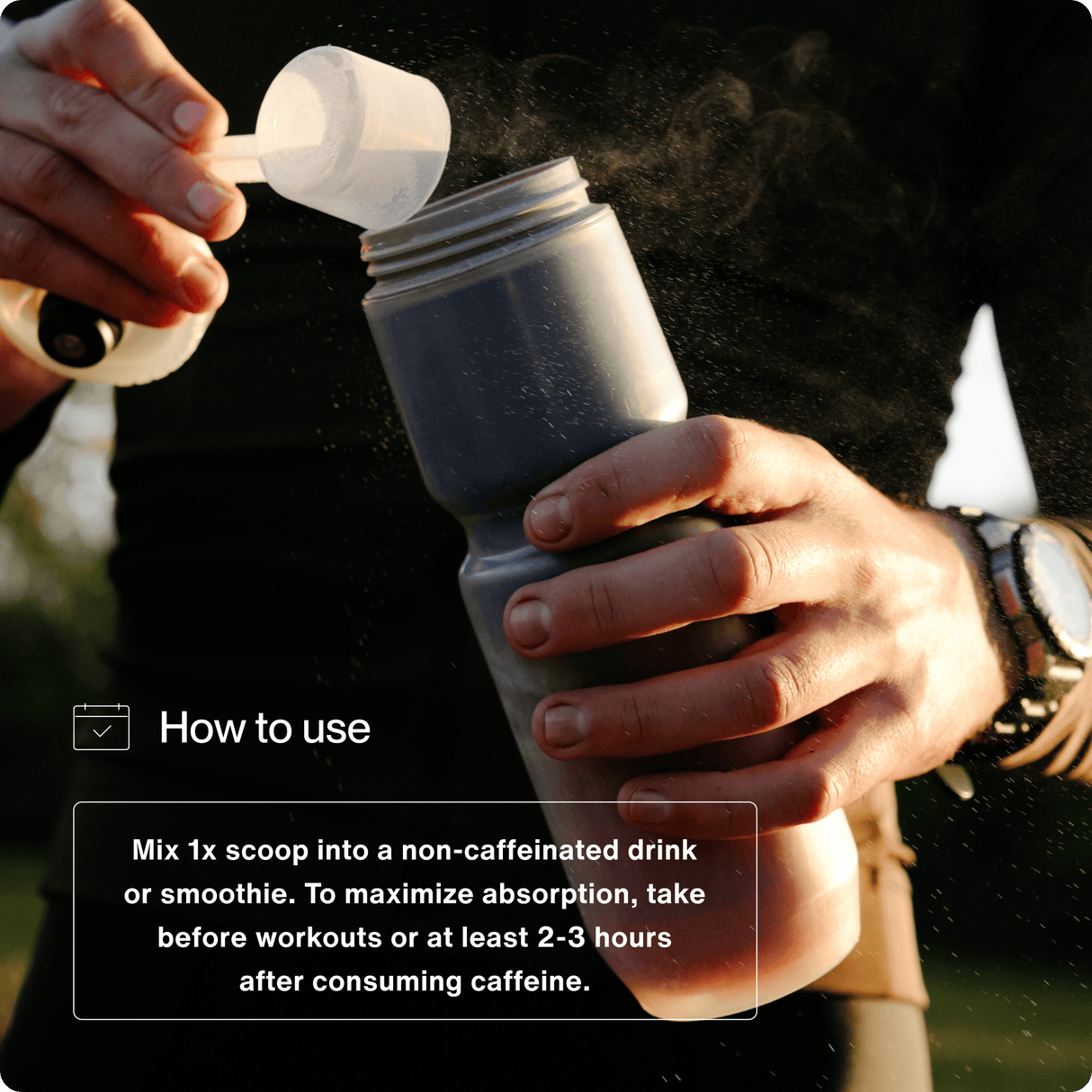 A person adds Momentous Collagen Peptides powder to a water bottle. Text overlay guides mixing with non-caffeinated drinks before workouts or after caffeine to support skin elasticity and joint health.