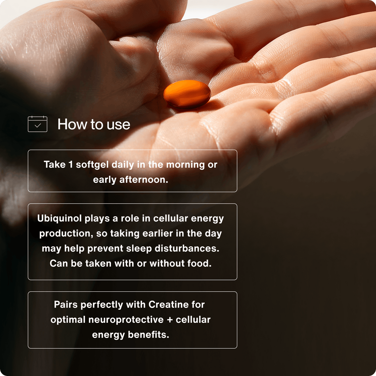 A hand holds a Momentous Ubiquinol softgel with instructions on dosage, benefits, and how pairing it with Creatine supports energy, neuroprotection, and healthy mitochondrial function.