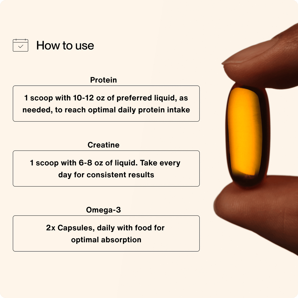 A hand holds an amber capsule of The Momentous Three by Momentous next to instructions detailing the recommended dosages and frequency for its protein, creatine, and omega-3 supplements.