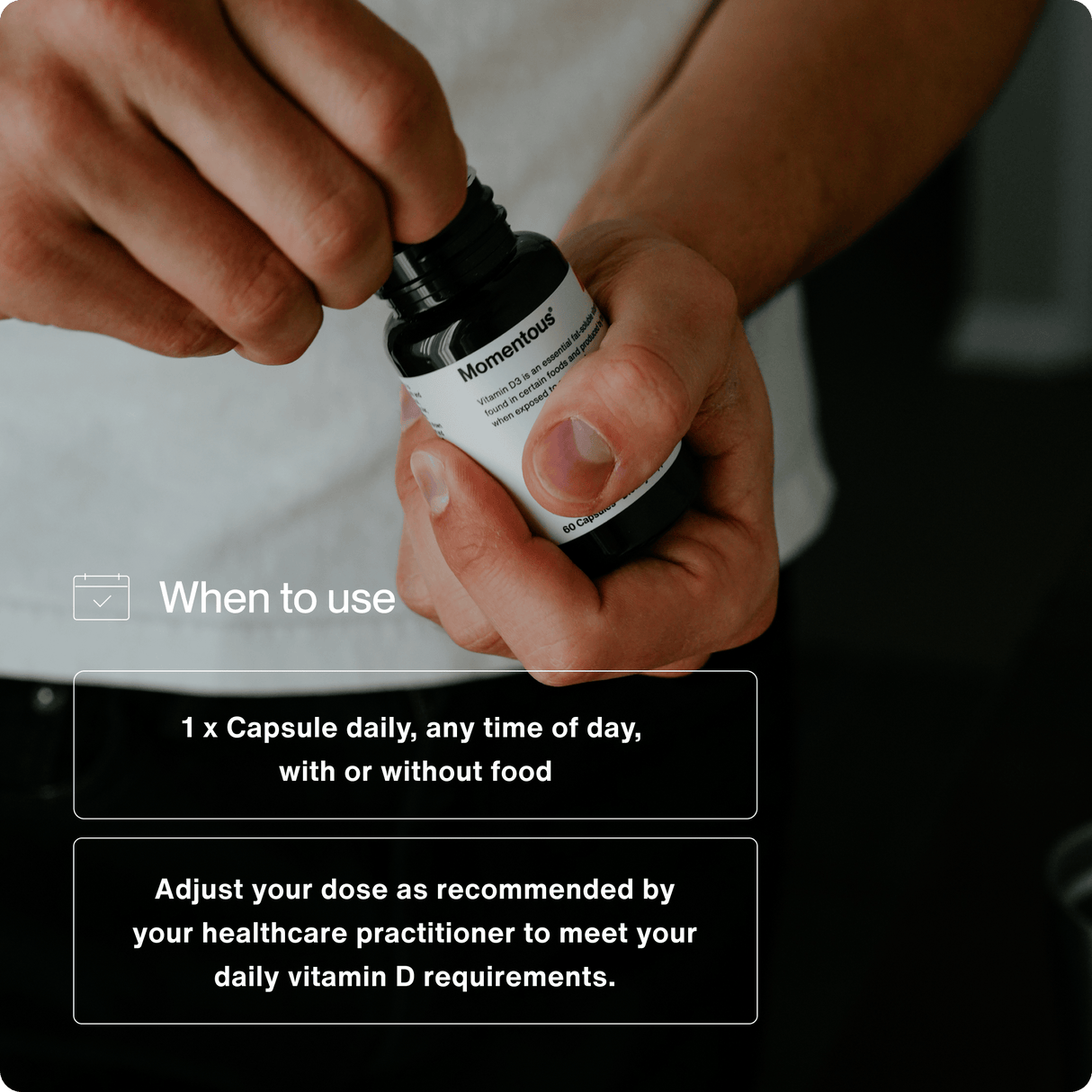 A person holds a bottle of Momentous Vitamin D3 2000 IU vegan capsules, ready to take one; dosage instructions and bone health guidance for Momentous Vitamin D3 2000 IU appear as text on the image.