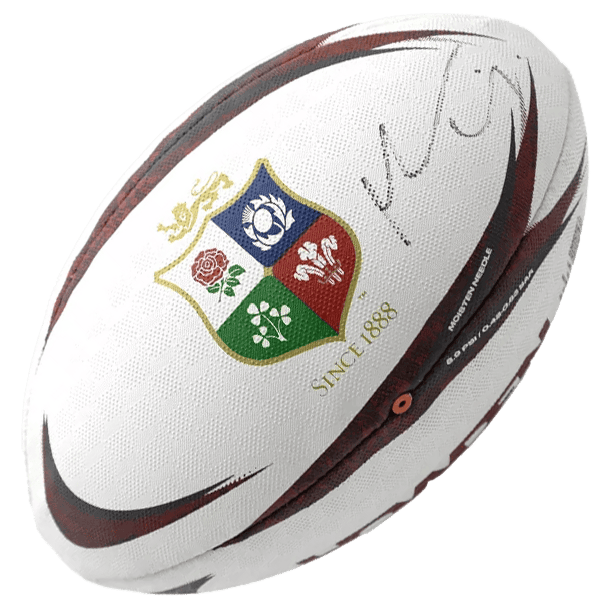The Icons Maro Itoje Signed British & Irish Lions Rugby Ball is a white ball featuring the team logo, "Since 1888" text, and Maro Itoje’s signature—an authentic memorabilia piece for fans.