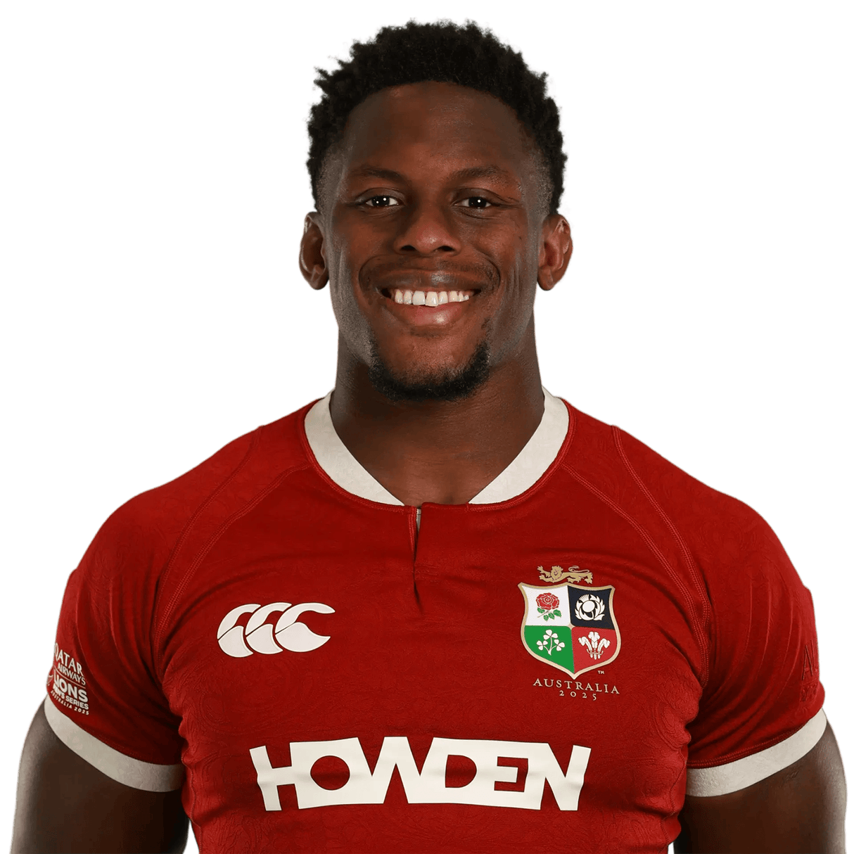 Maro Itoje faces forward, smiling in a red Icons British & Irish Lions 2025 shirt with sponsor logos and an "Australia 2025" emblem—ideal for fans and collectors of the Maro Itoje Front Signed British & Irish Lions 2025 Shirt.