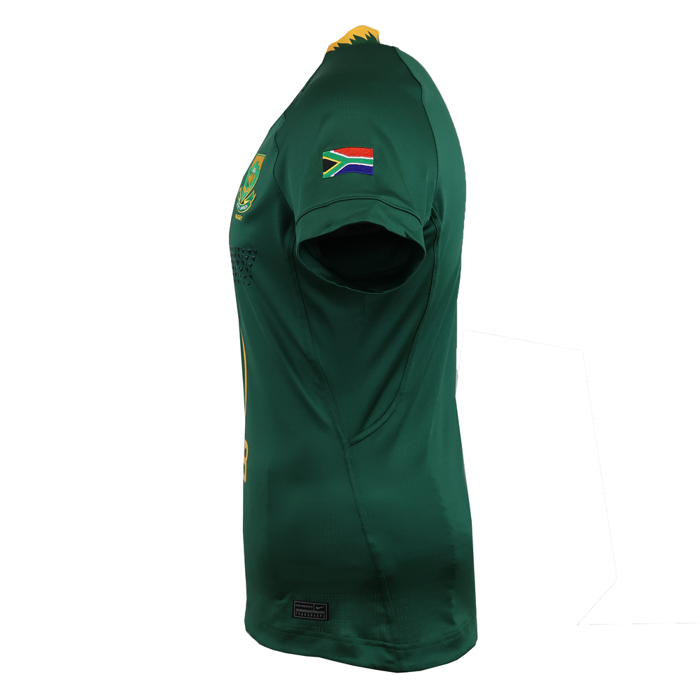 The Springboks 25 Authentic Match Home Jersey by Nike features a South African flag sleeve patch and chest badge, made with Nike Dri-FIT ADV tech—ideal Rugby Gear for fans seeking an authentic Springboks jersey.