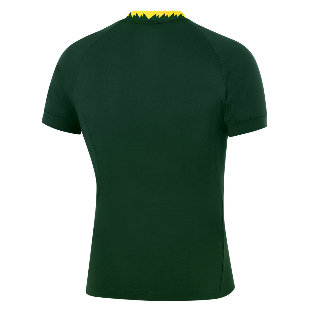 The Springboks 25 Authentic Match Home Jersey by Nike is a dark green, short-sleeve athletic shirt with a yellow jagged pattern near the collar, designed with Nike Dri-FIT ADV technology for peak performance.