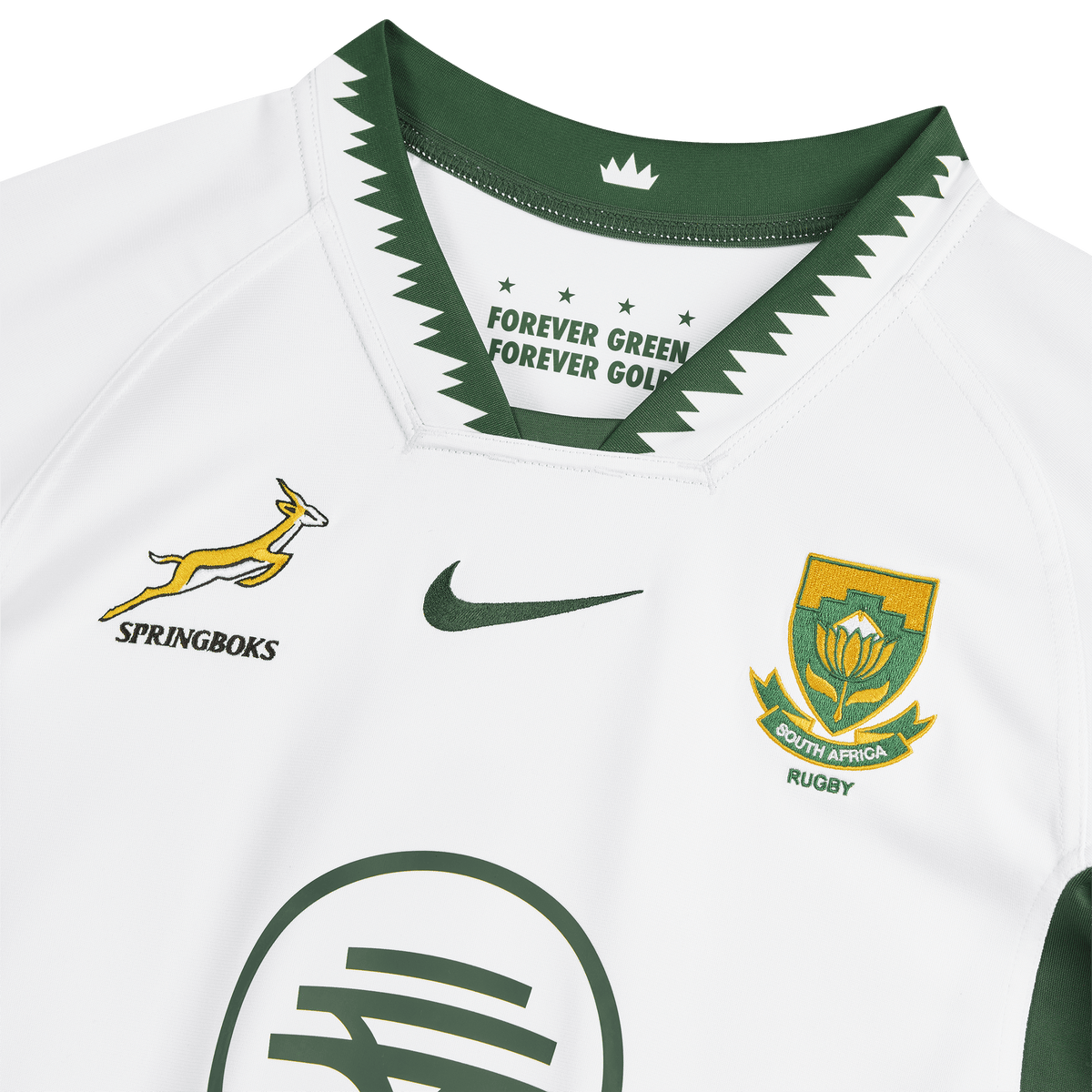 Close-up of the Nike Springboks 26/27 Replica Away Jersey, featuring the Springboks logo, South Africa Rugby crest, Nike branding, and a green zigzag collar with "Forever Green, Forever Gold" text.