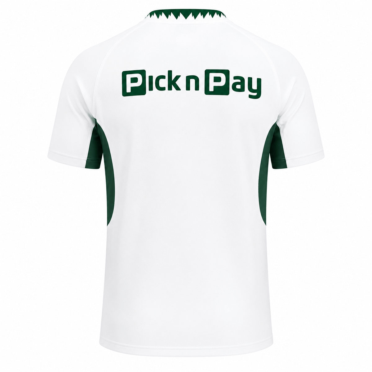 Back view of the white Nike Springboks 26/27 Replica Away Jersey, showcasing the "Pick n Pay" logo in green text across the upper back.