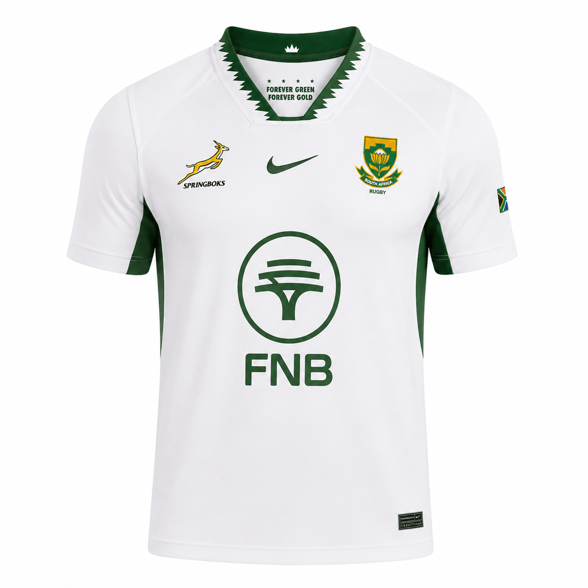 The Springboks 26/27 Replica Away Jersey by Nike is a white South Africa rugby jersey with green accents, featuring the Springbok logo, Rugby badge, FNB sponsor, Nike logo, and a small South African flag on the sleeve.